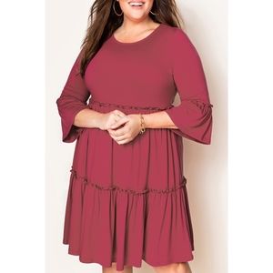NEW 🔥 Bell Sleeve Stretchy Plus Ruffle Tiered Dress 2X Solid Wine Mauve